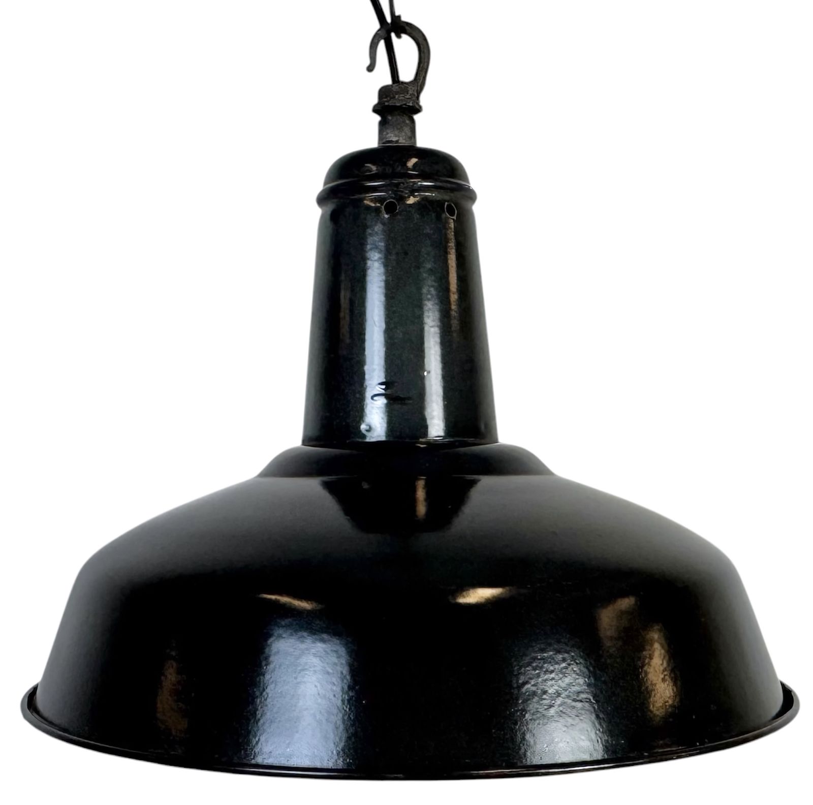 Industrial French Dark Grey Enamel Factory Pendant Lamp, 1960s, 2x
