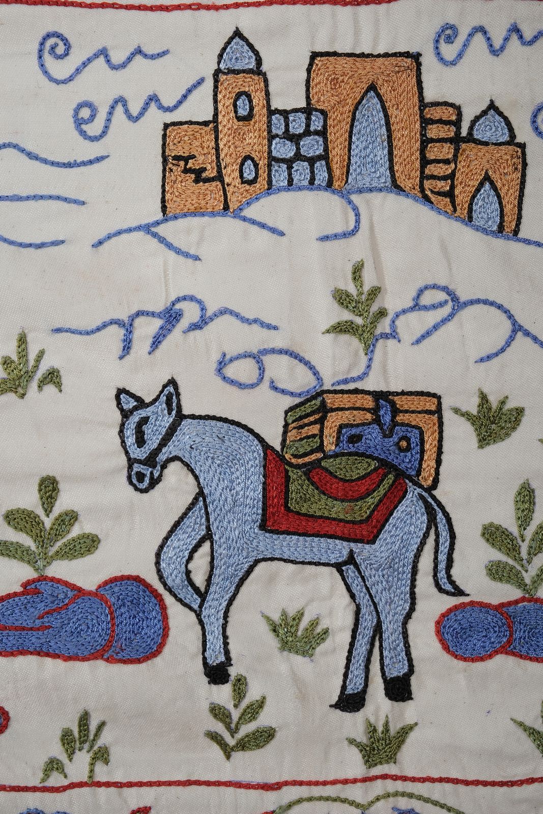Bohemian Suzani Wall Hanging – White Animal Pictorial Silk Handmade Uzbek Design   Camel Uzbek Runner 1'6'' X 6'1'' photo furniture