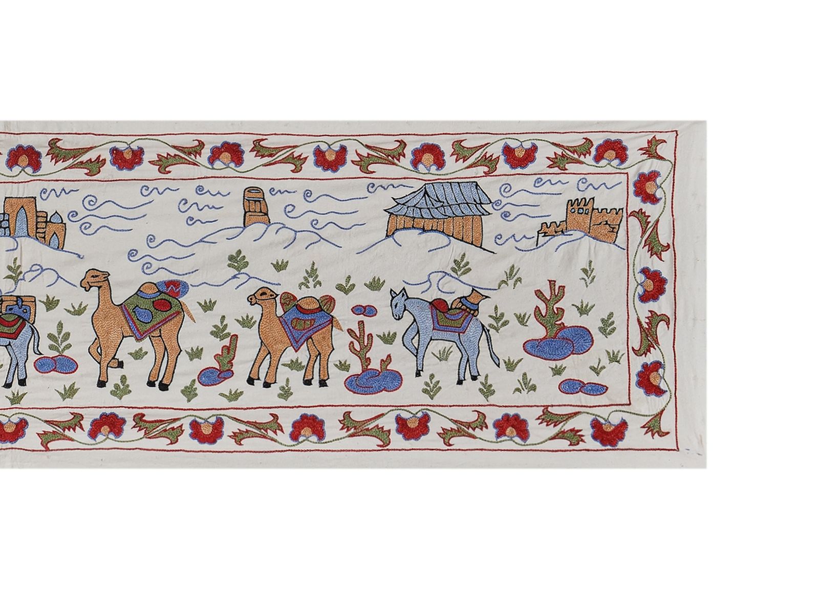 Bohemian Suzani Wall Hanging – White Animal Pictorial Silk Handmade Uzbek Design   Camel Uzbek Runner 1'6'' X 6'1'' photo Textiles