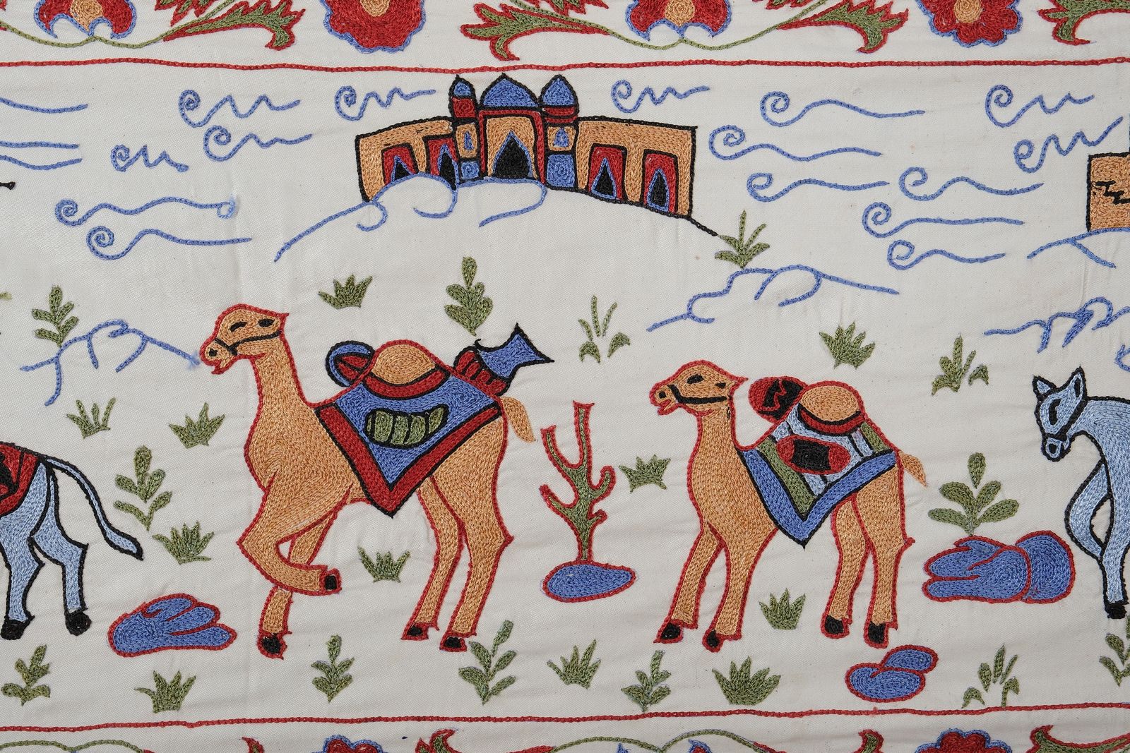 Bohemian Suzani Wall Hanging – White Animal Pictorial Silk Handmade Uzbek Design   Camel Uzbek Runner 1'6'' X 6'1'' photo 200.0