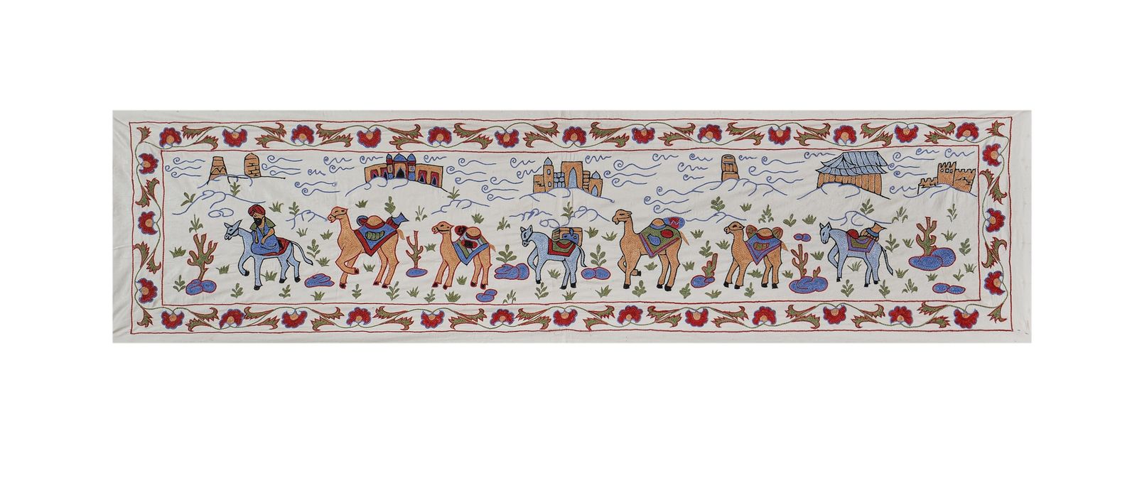 Bohemian Suzani Wall Hanging – White Animal Pictorial Silk Handmade Uzbek Design   Camel Uzbek Runner 1'6'' X 6'1''