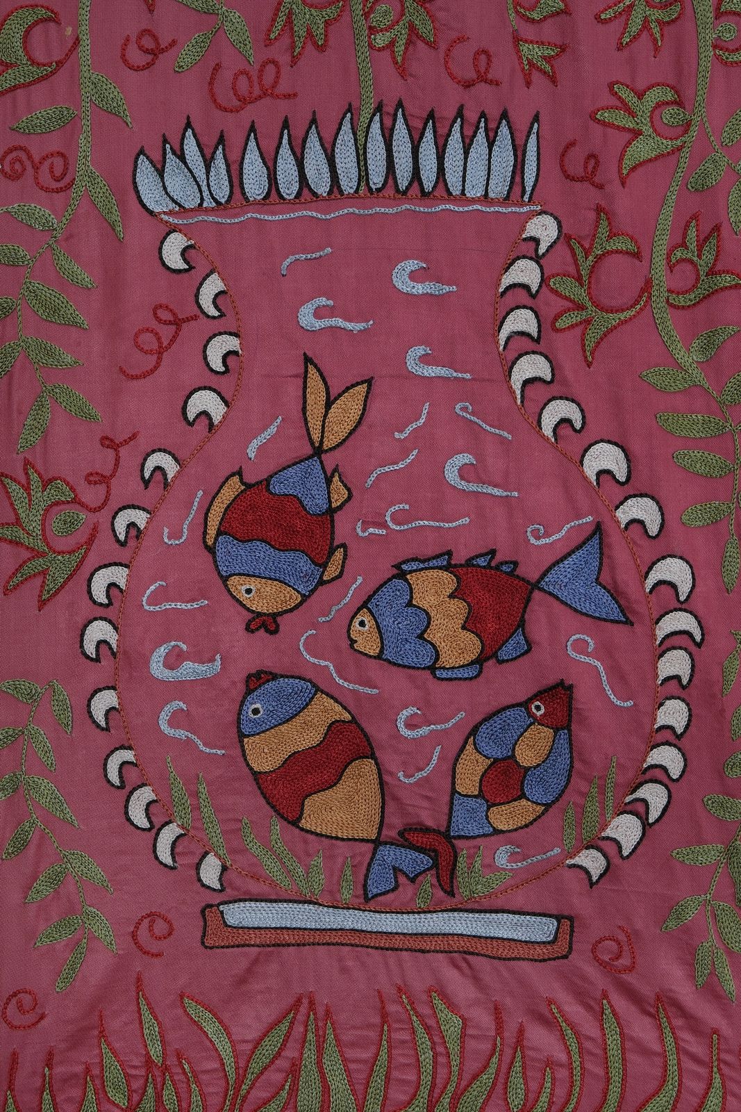 Peacock And Fish Suzani Wall Tapestry – Hand Embroidered Vibrant Red Animal Uzbek Textile 1'8'' X 6'2'' photo furniture