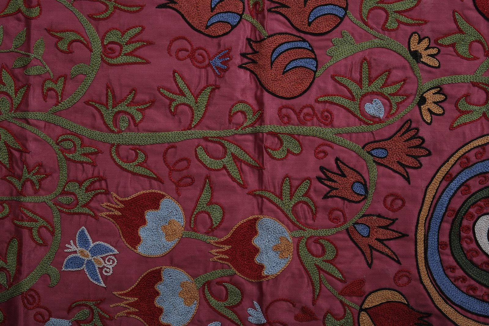 photo furniture Peacock And Fish Suzani Wall Tapestry – Hand Embroidered Vibrant Red Animal Uzbek Textile 1'8'' X 6'2''