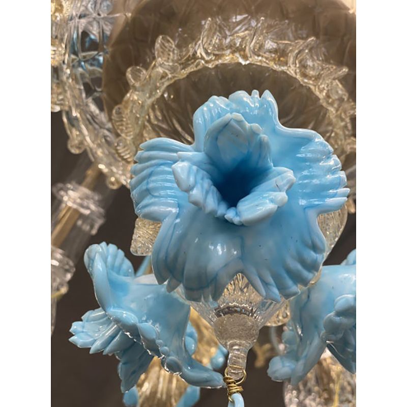 Contemporary Venetian Transparent Gold Murano Style Glass Chandelier With Leaves And Turquoise Flowers photo Lighting
