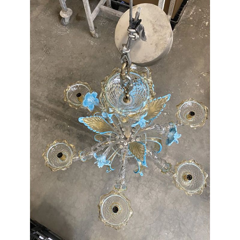 Contemporary Venetian Transparent Gold Murano Style Glass Chandelier With Leaves And Turquoise Flowers photo 7200.0