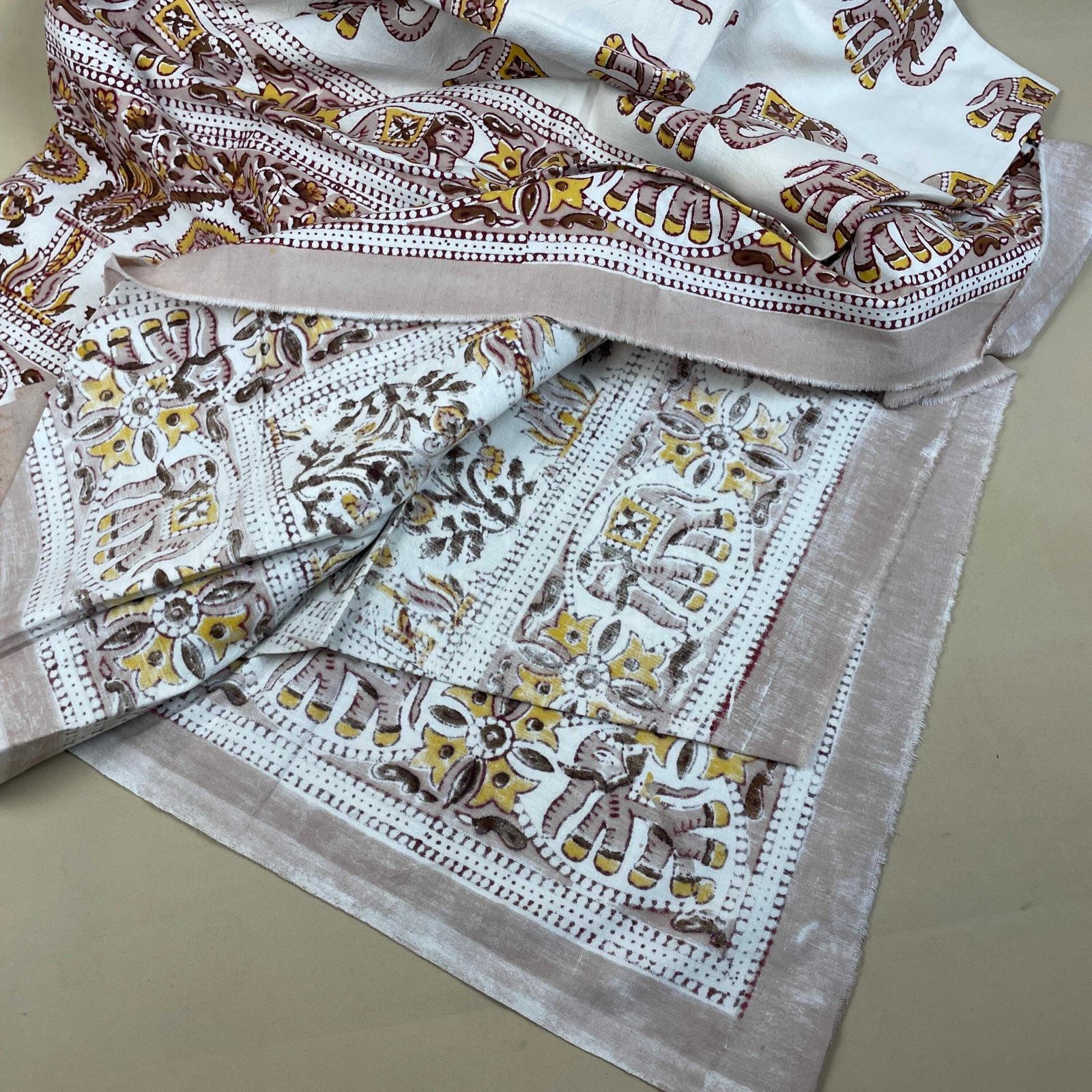 Hand Printed Indian Fabric 146x217cm Elephant Pattern Block Pink White Tapestry Cotton Handmade Craft Dress Making Traditional Cloth India photo buy