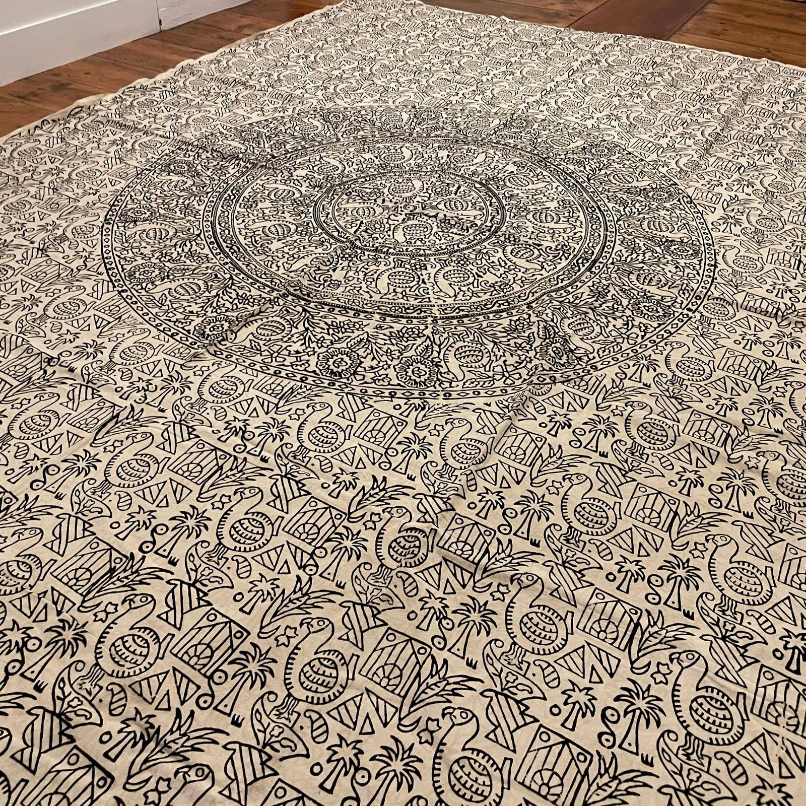 Hand Printed Indian Fabric 150x223cm Pattern Block Black White Tapestry Cotton Handmade Craft Dress Making Traditional Cloth India Patterned