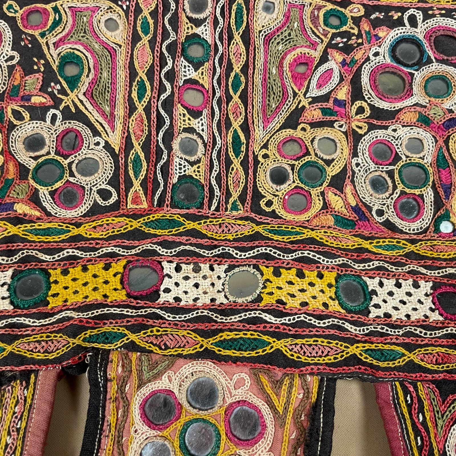Antique Old Indian Fabric Hand Embroidered Pattern Tapestry Cotton Handmade Craft Traditional Cloth India Outfit Stitched Embellished Sewn photo for sale