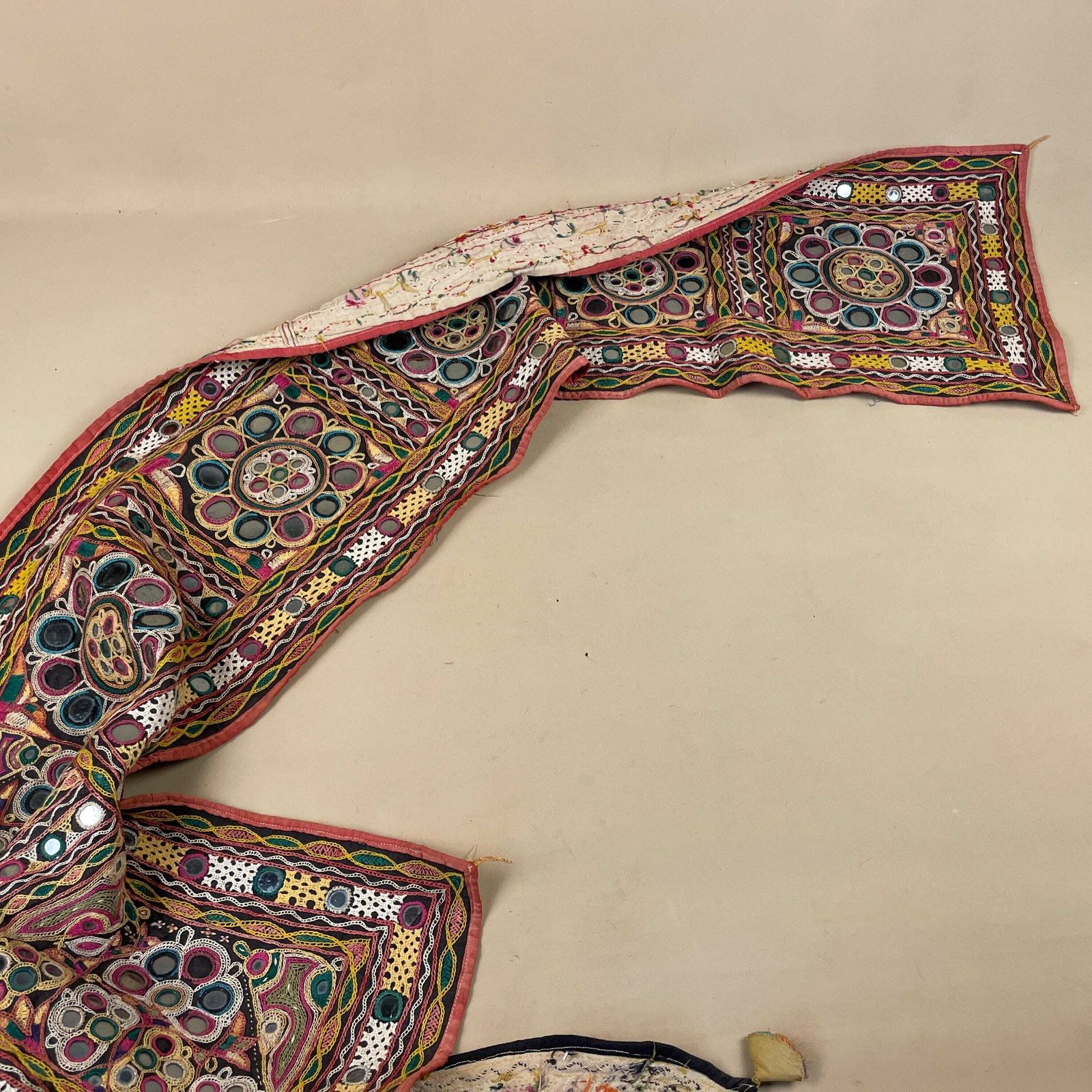 Antique Old Indian Fabric Hand Embroidered Pattern Tapestry Cotton Handmade Craft Traditional Cloth India Outfit Stitched Embellished Sewn photo vinterior