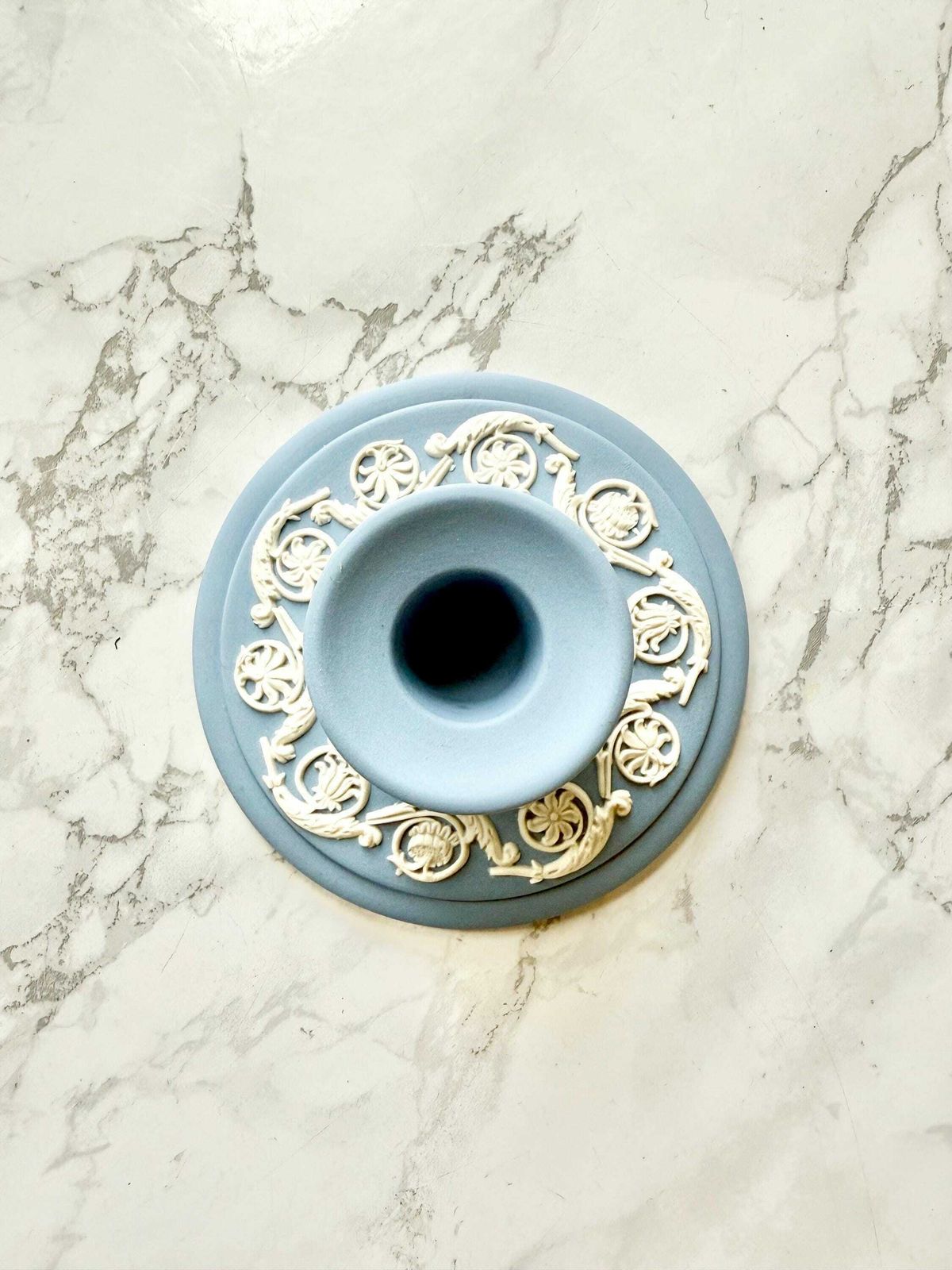 Pair Of Round Baby Blue Jasper Ware Candlesticks With Raise Decoration Of White Antique Pattern Wedgwood photo for sale