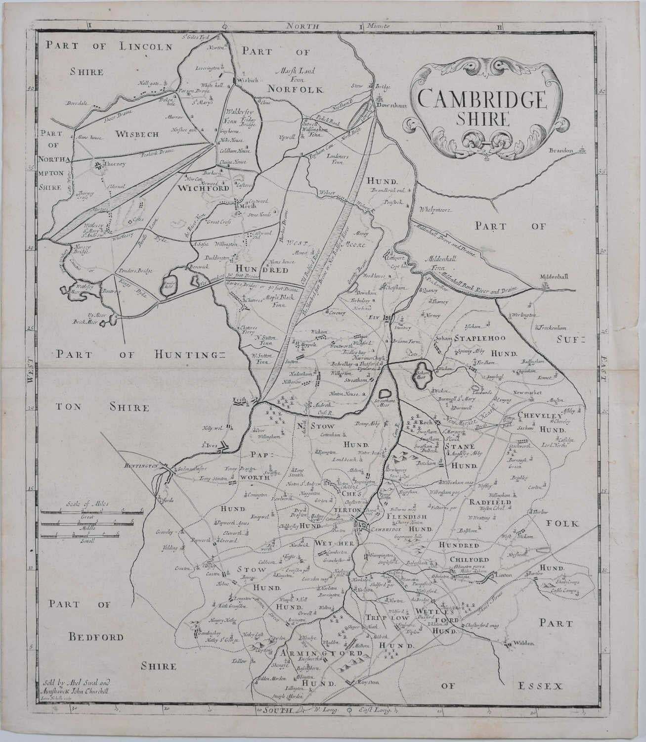 Sutton Nichols, Map Of Cambridgeshire, 18th Century Engraving By Sutton Nicholls