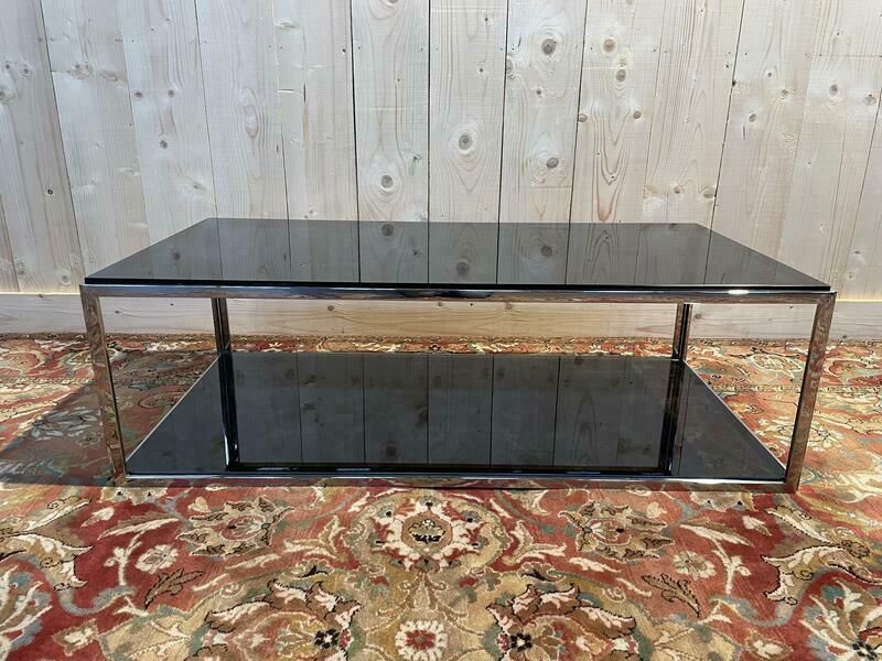 Table Basse 1970 En Chrome Et Verre Fumé