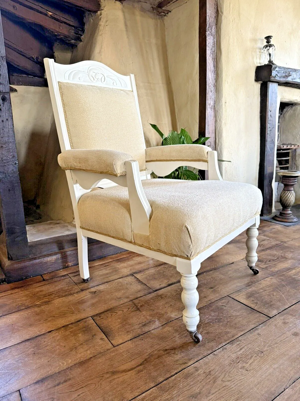 Antique Victorian White & Pale Gold  Unholstered Armchair Chair Circa 1800's photo 249.0