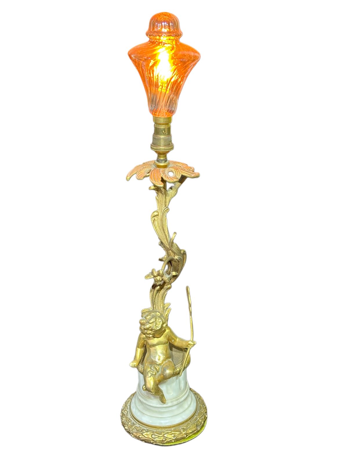 Marble And Brass Cherub Lamp With Vintage Bulb