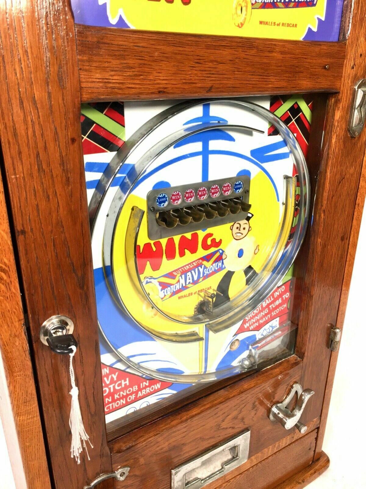 Antique 1960s Oliver Whales Win A Navy Scotch Arcade Coin Operated Penny Machine photo for sale