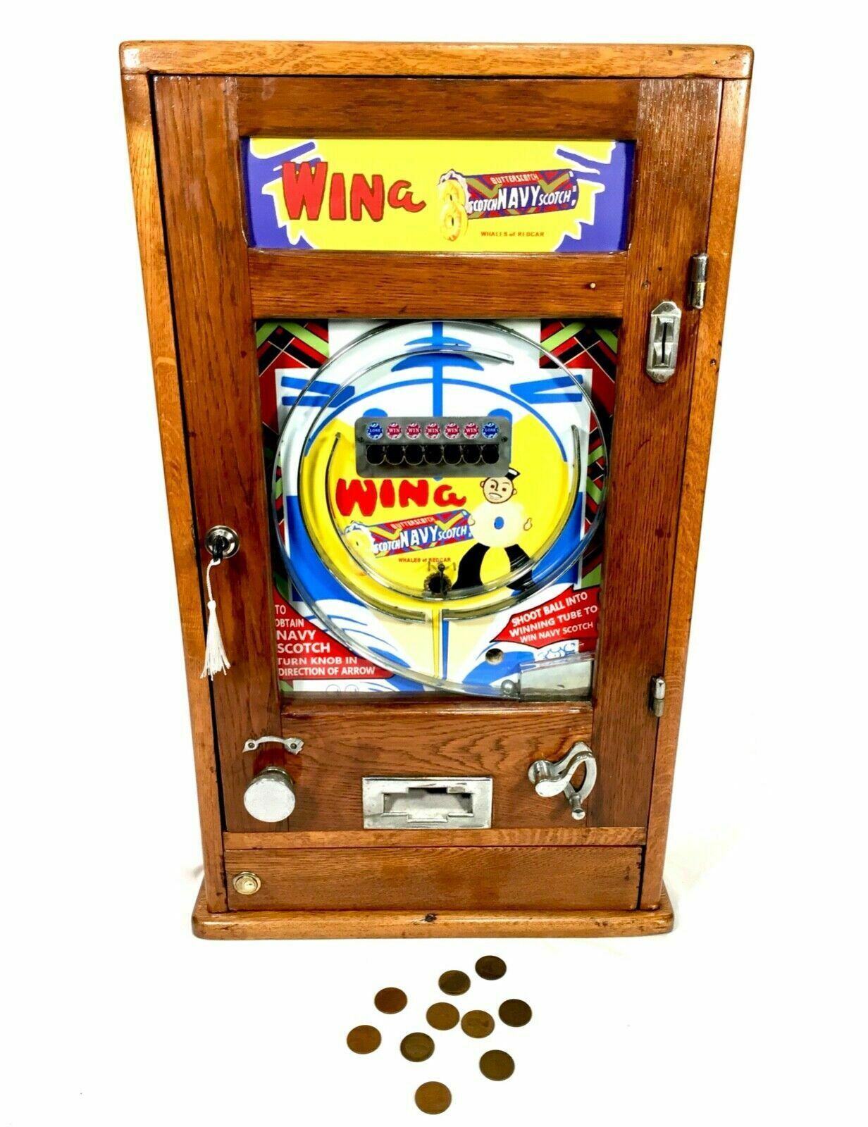 photo for sale Antique 1960s Oliver Whales Win A Navy Scotch Arcade Coin Operated Penny Machine