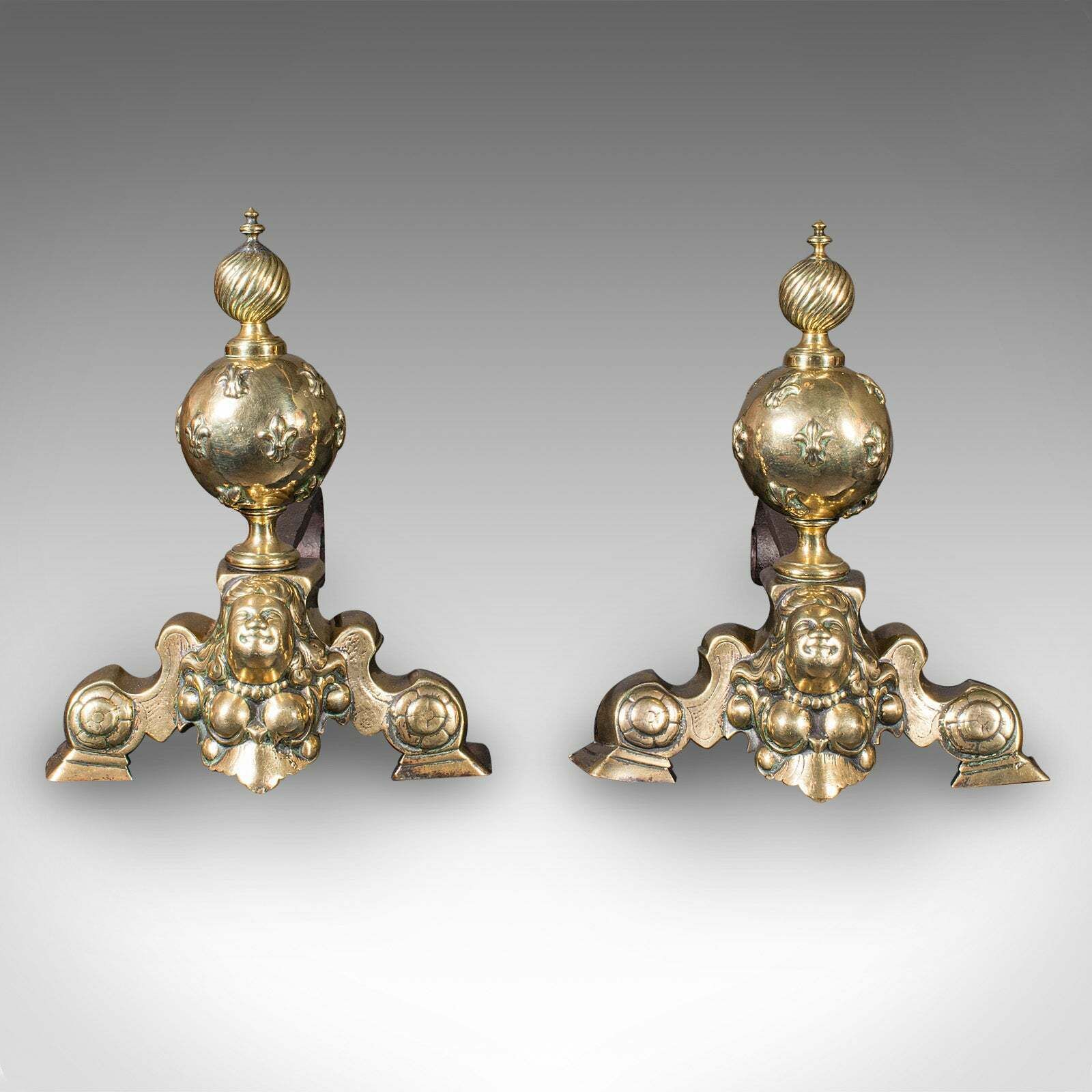 Pair Of Antique Fireside Andirons, French Brass, Chenet, Firedog, Georgian, 1750 photo furniture
