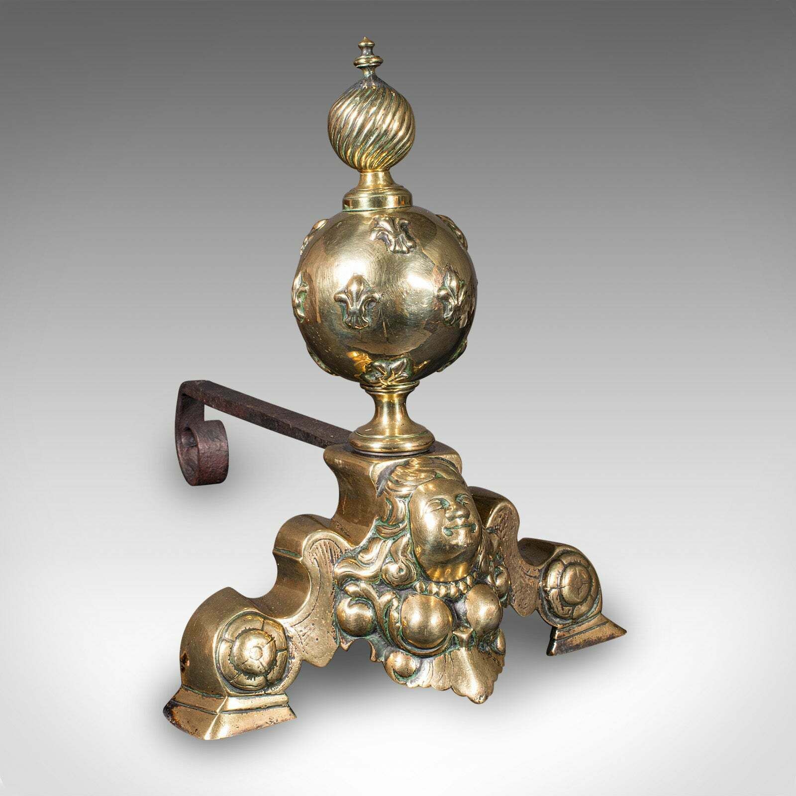 Pair Of Antique Fireside Andirons, French Brass, Chenet, Firedog, Georgian, 1750 photo for sale