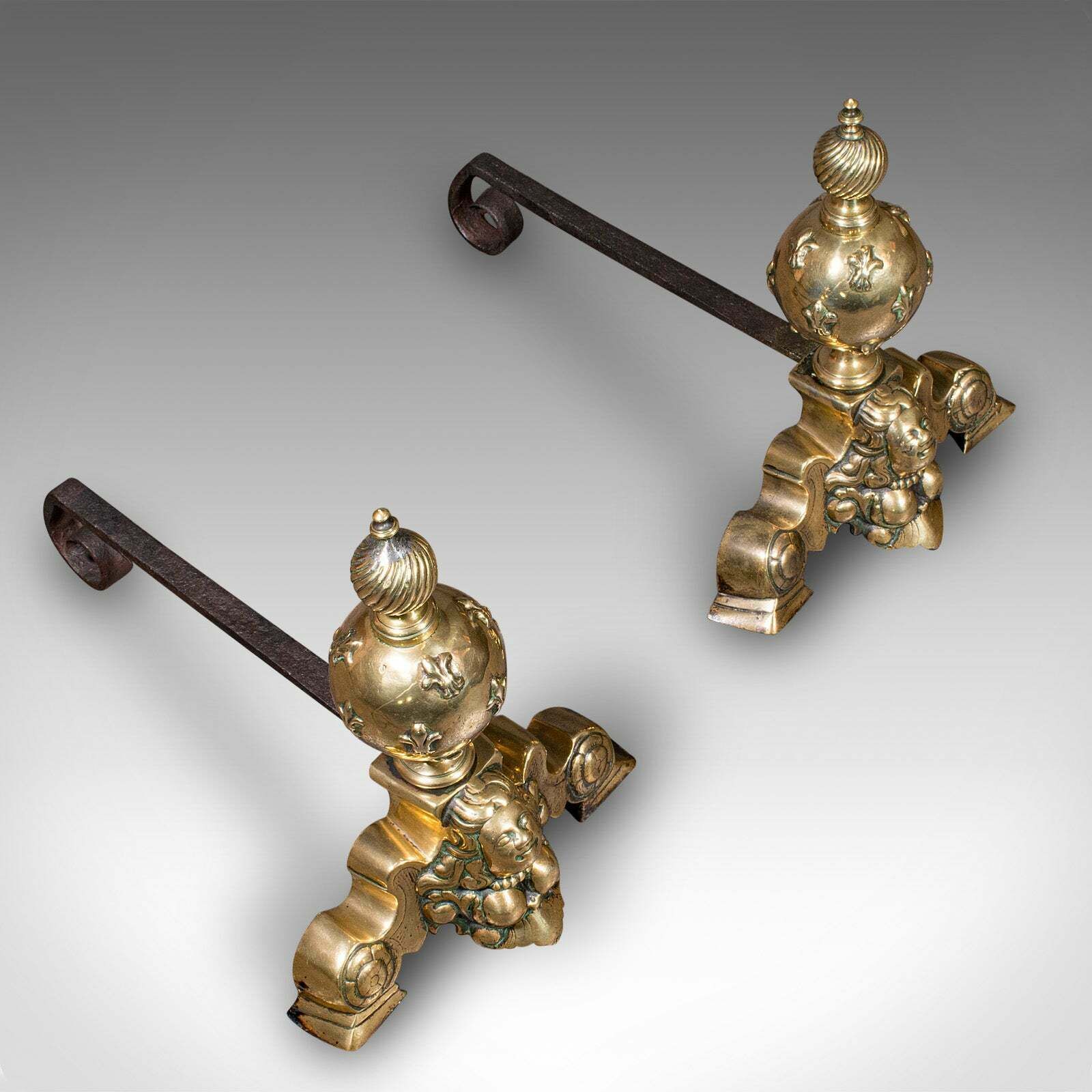 Pair Of Antique Fireside Andirons, French Brass, Chenet, Firedog, Georgian, 1750 photo vintage