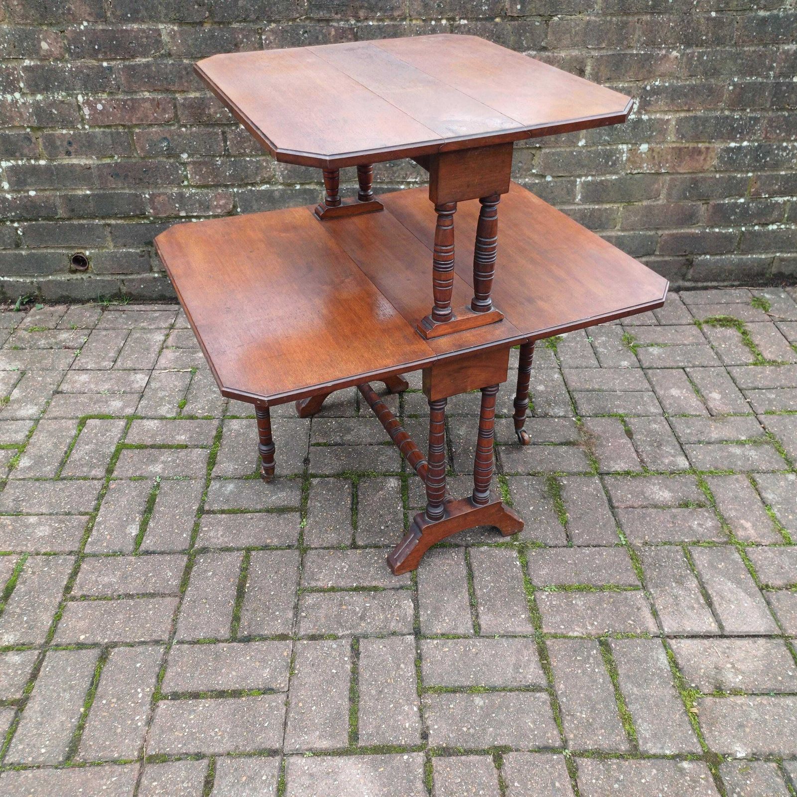 Vintage Mahogany Sutherland Two Tier Occasional Table Late Victorian Folding Table With Turned Columns And Castors photo furniture