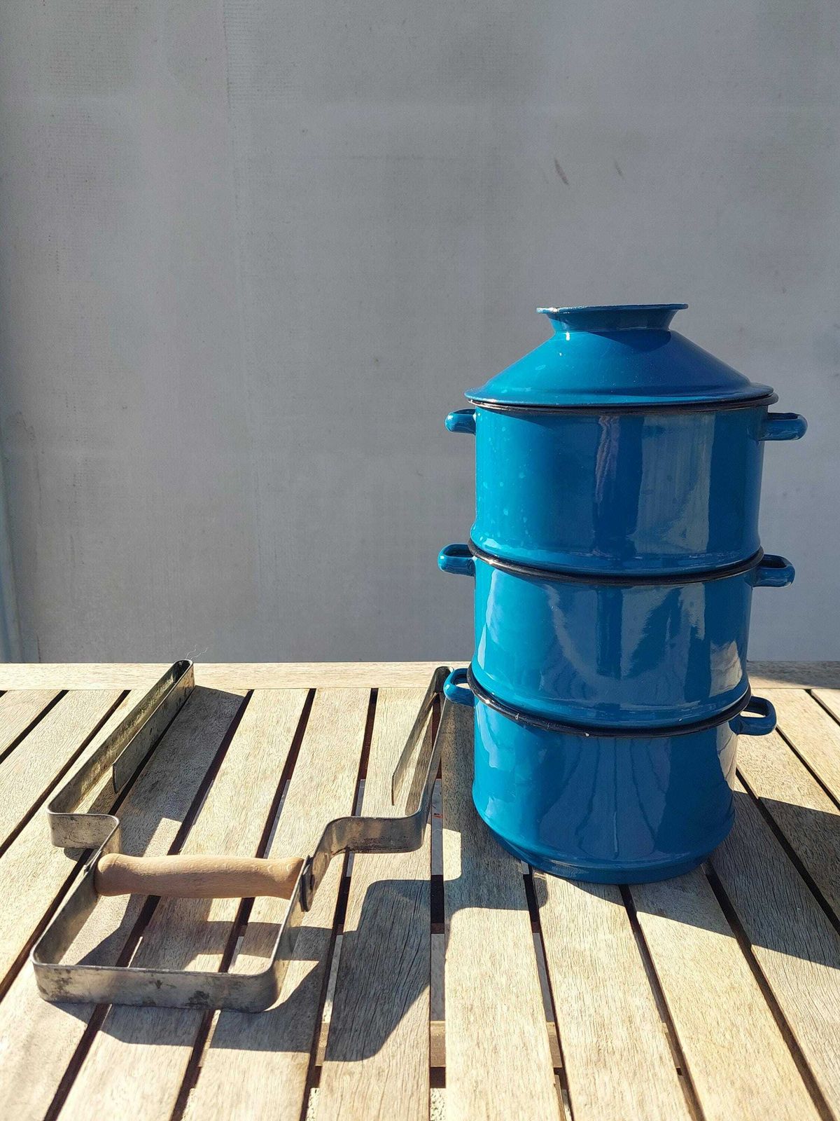 photo for sale Retro Enamel Lunch Box / Three Tier Tiffin Lunch Box / Food Carrier / Lunch Pail / Enamel Food Carrier /Mcm Lunch Pail /Emo Yugoslavia /70's