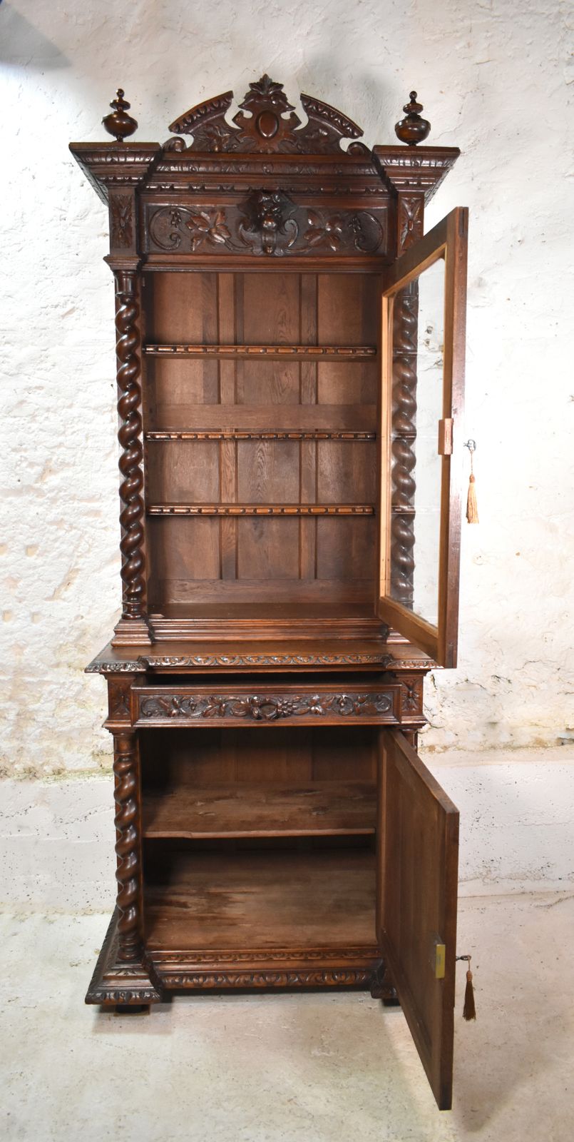 photo vintage French Oak Hunt Display Cabinet Louis XIII Style