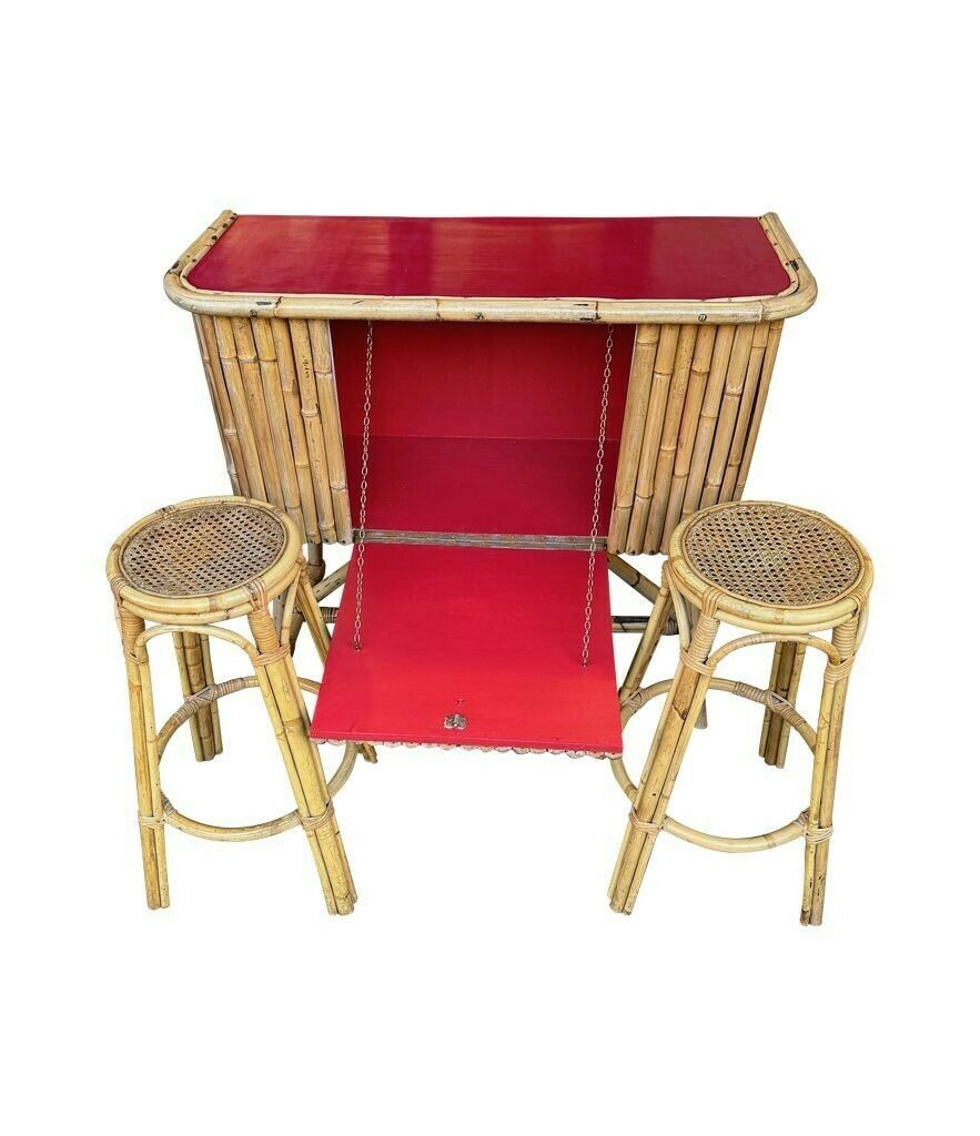 An Italian 1960s Bamboo Bar Cabinet With Red Laminate Top And Two Stools photo furniture