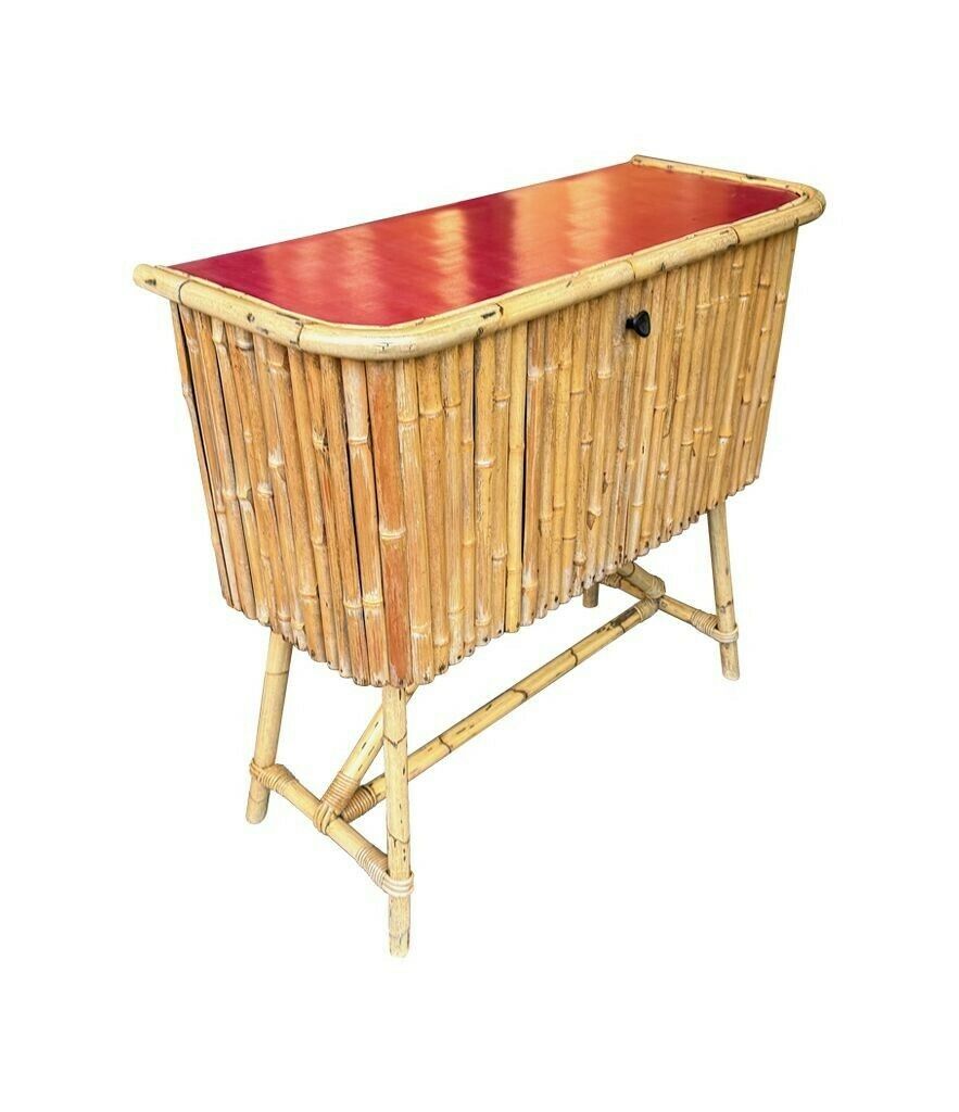 An Italian 1960s Bamboo Bar Cabinet With Red Laminate Top And Two Stools photo buy
