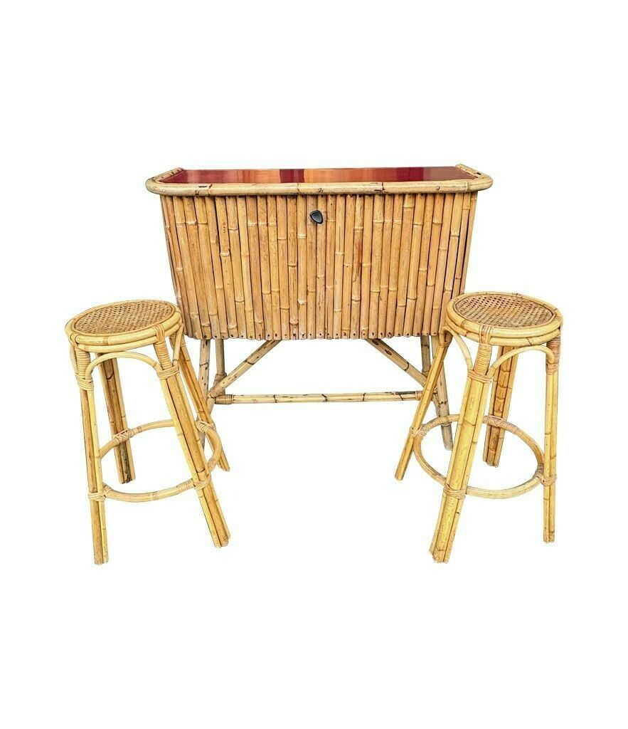 An Italian 1960s Bamboo Bar Cabinet With Red Laminate Top And Two Stools photo vintage