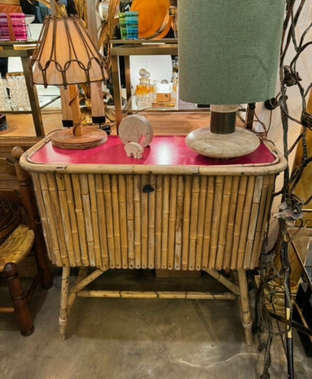 photo furniture An Italian 1960s Bamboo Bar Cabinet With Red Laminate Top And Two Stools