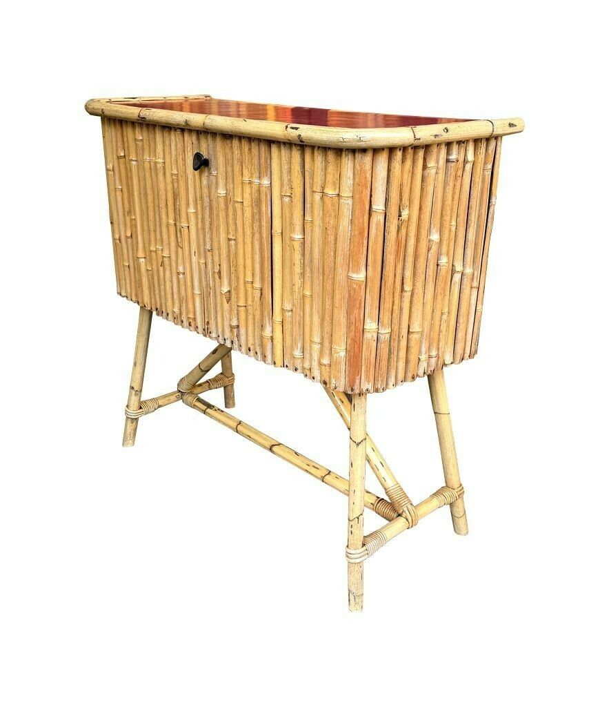 Furniture An Italian 1960s Bamboo Bar Cabinet With Red Laminate Top And Two Stools photo