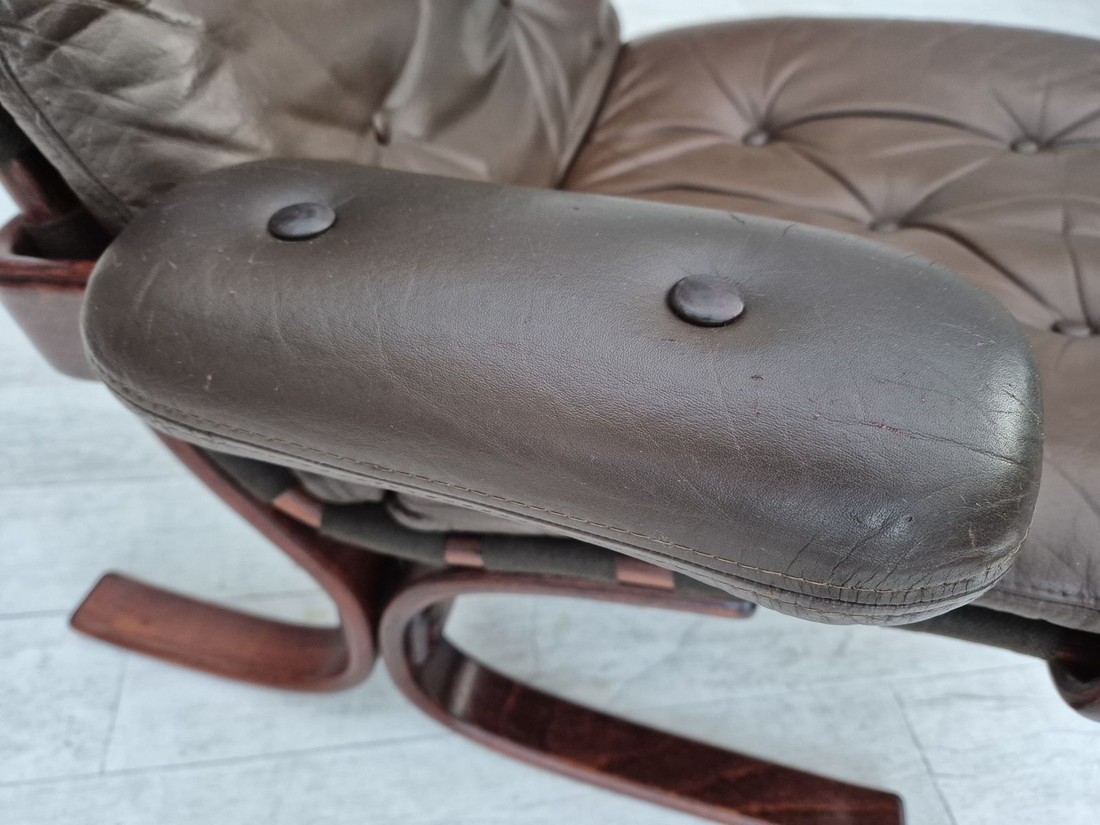 Ca. Jaren 1970, Scandinavische Fauteuil, Goede Staat, Meubeleer, Gebogen Hout, Canvas. photo furniture