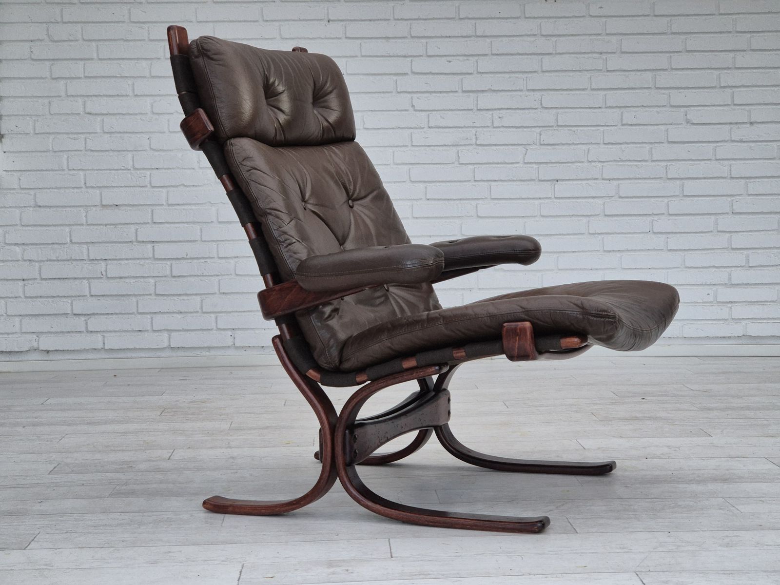 1970s, Scandinavian Armchair, Original Condition, Furniture Leather, Bent Wood, Canvas. photo for sale