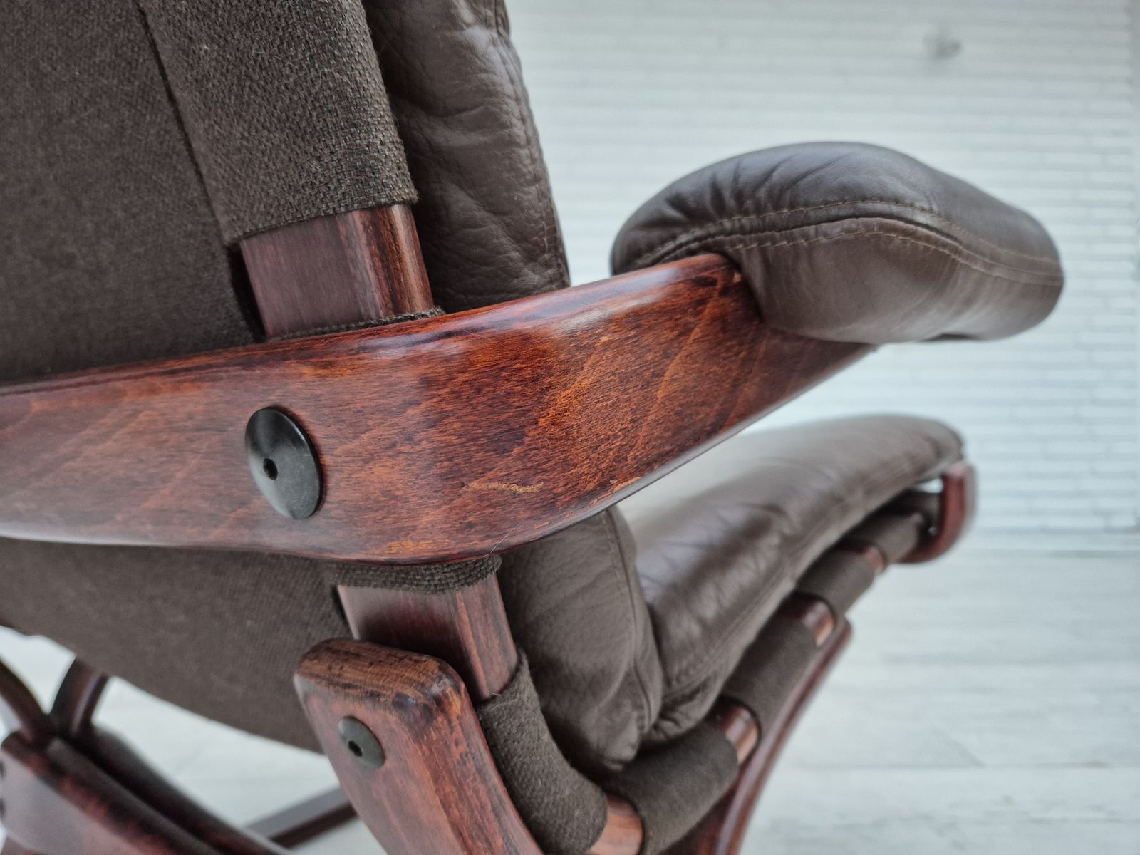 photo buy 1970s, Scandinavian Armchair, Original Condition, Furniture Leather, Bent Wood, Canvas.