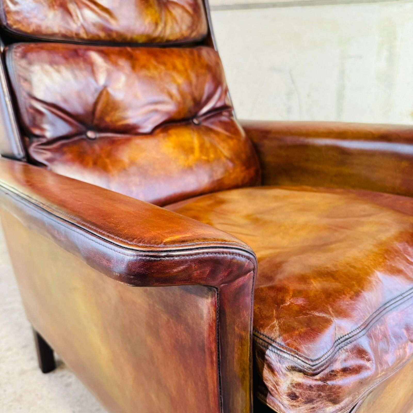 photo for sale Vintage 70s Danish High Back Tan Leather Chair – Timeless Comfort & Style #A446