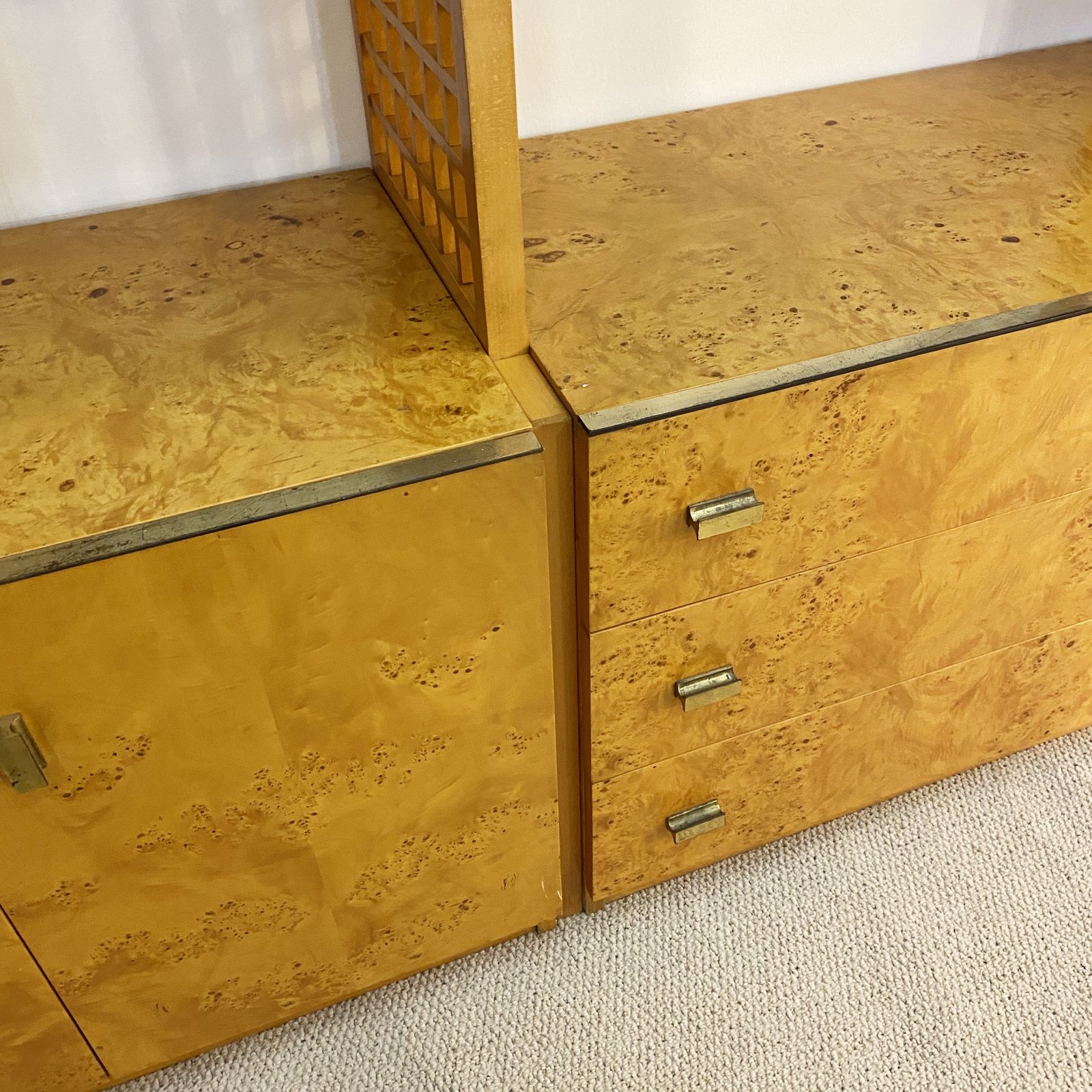 Gianluigi Gorgoni 1970s Brass Burl Wood Glass Display Cabinet Shelving Rizzo Gold Fratelli Turi photo Furniture