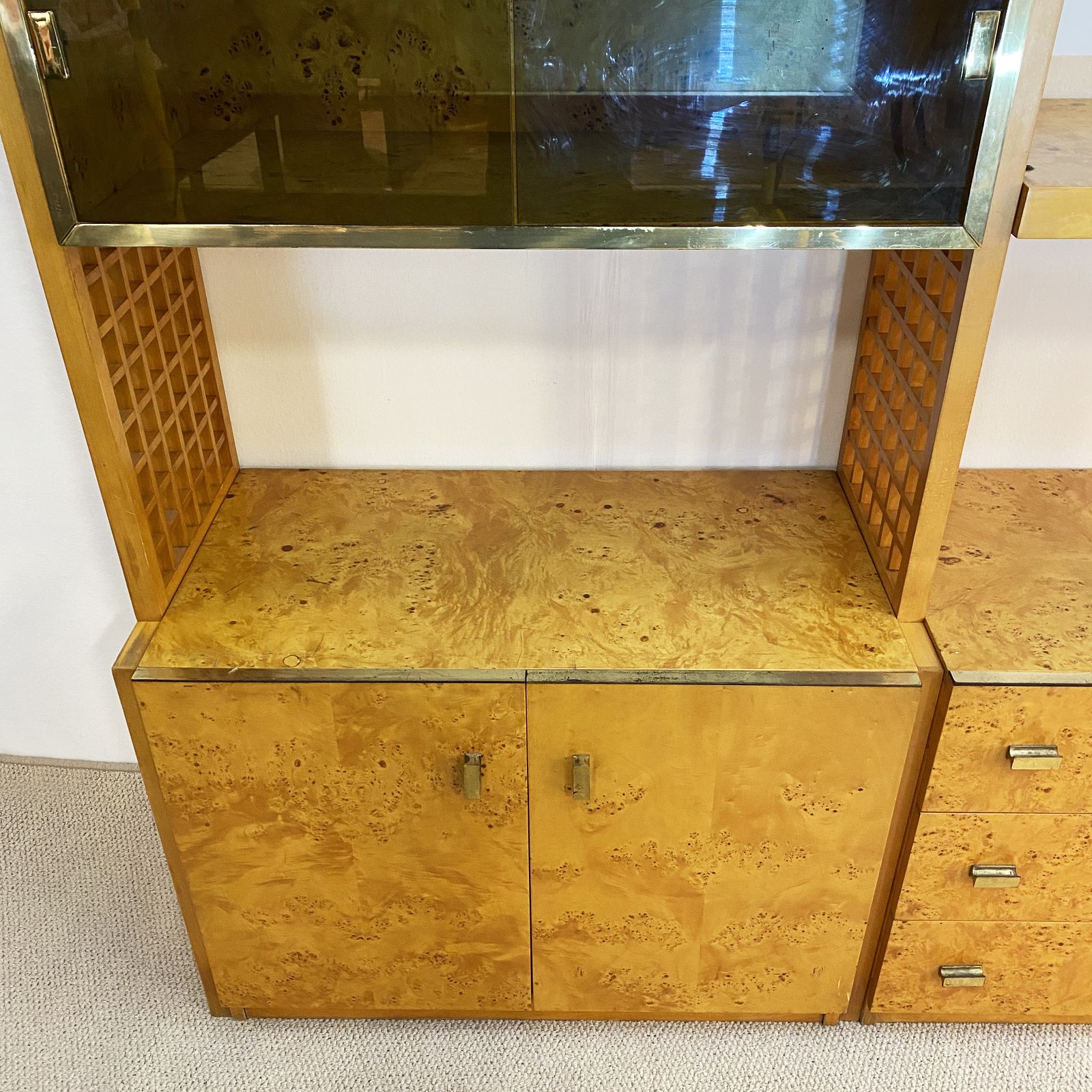 photo furniture Gianluigi Gorgoni 1970s Brass Burl Wood Glass Display Cabinet Shelving Rizzo Gold Fratelli Turi