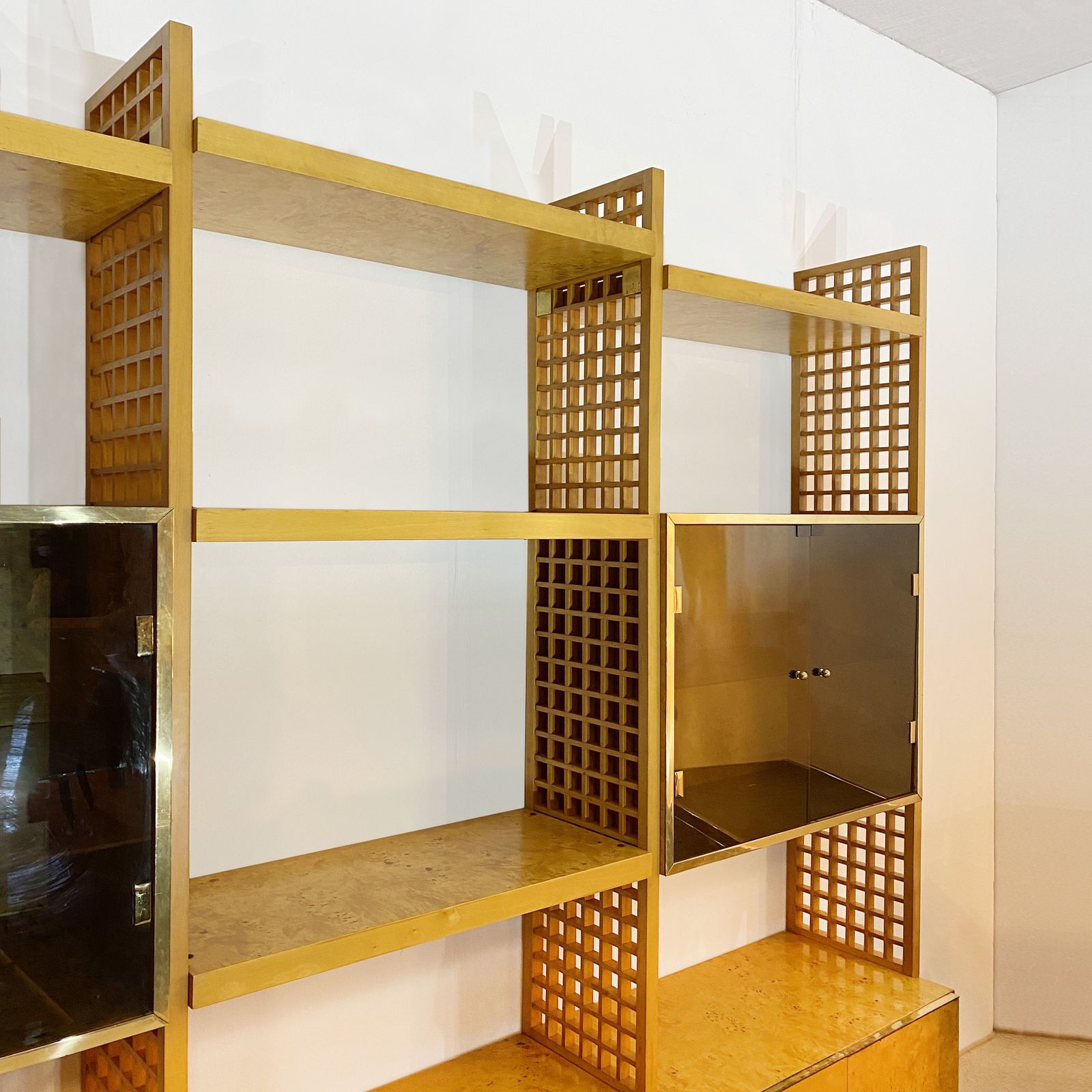 Furniture Gianluigi Gorgoni 1970s Brass Burl Wood Glass Display Cabinet Shelving Rizzo Gold Fratelli Turi photo