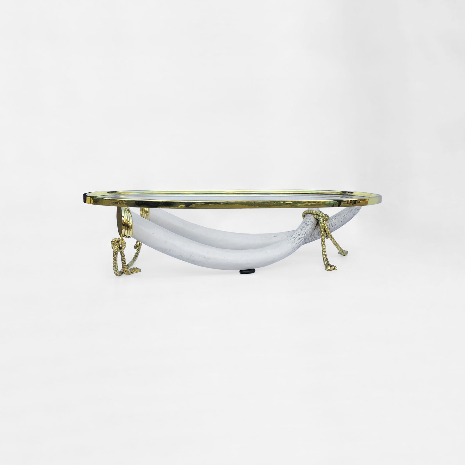 Xl Valenti Faux Tusk Coffee Table Spanish 1970s Hollywood Regency Midcentury Glass Brass Gold photo for sale
