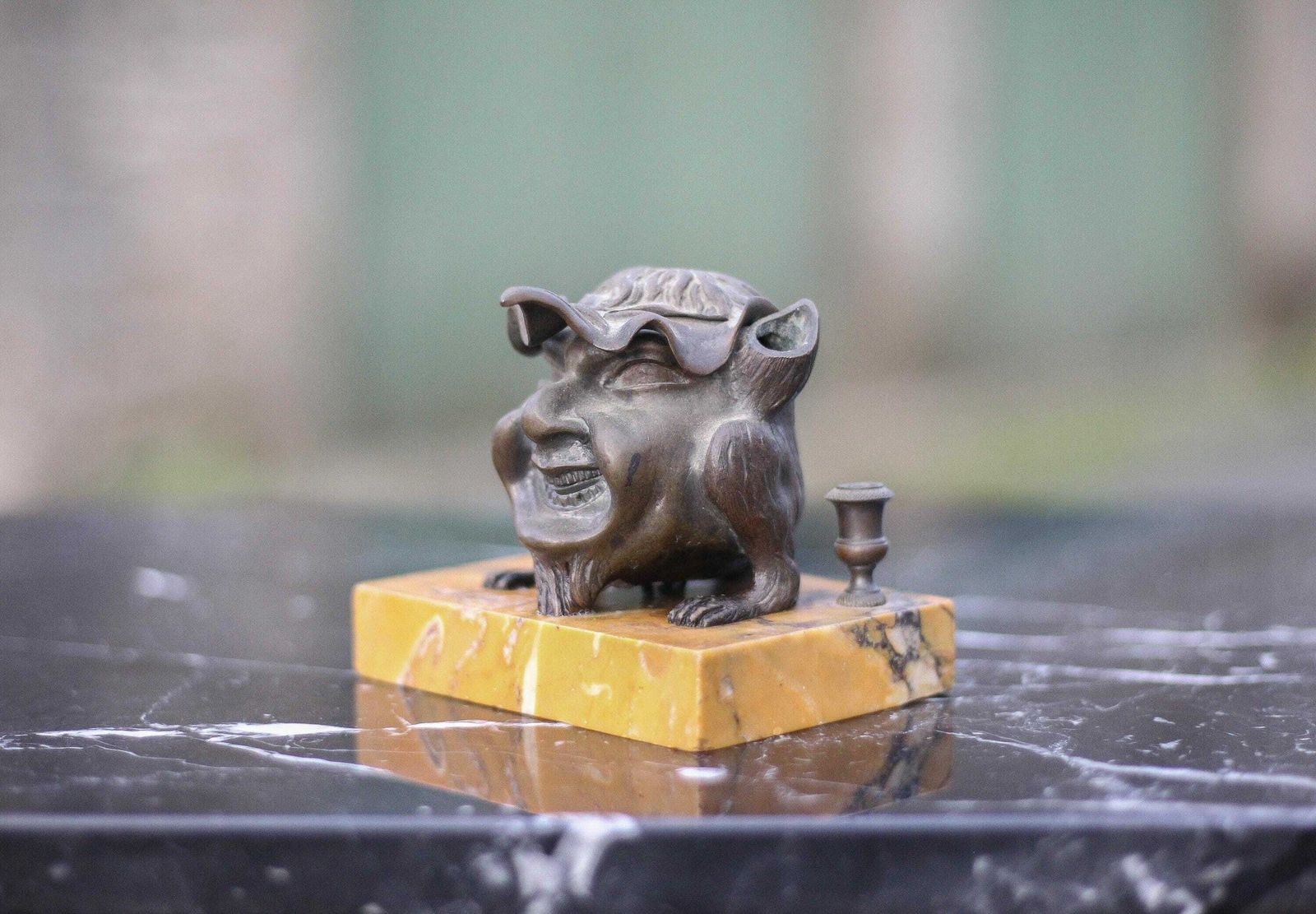 Satirical Bronze Inkwell, Bronze Inkwell On Marble, Antique Anthropomorphic, Collection, Inkwell photo furniture