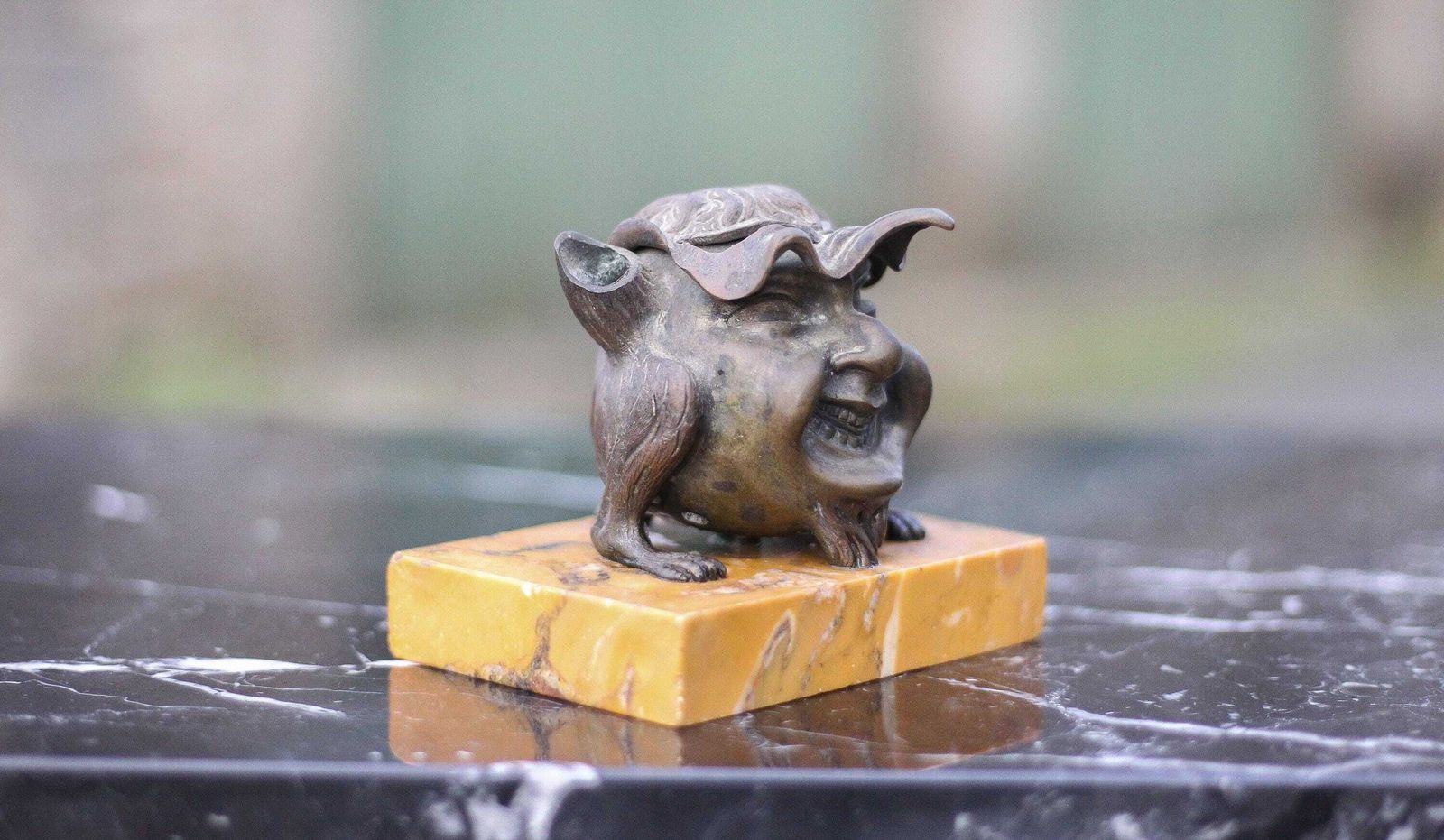 Satirical Bronze Inkwell, Bronze Inkwell On Marble, Antique Anthropomorphic, Collection, Inkwell photo for sale