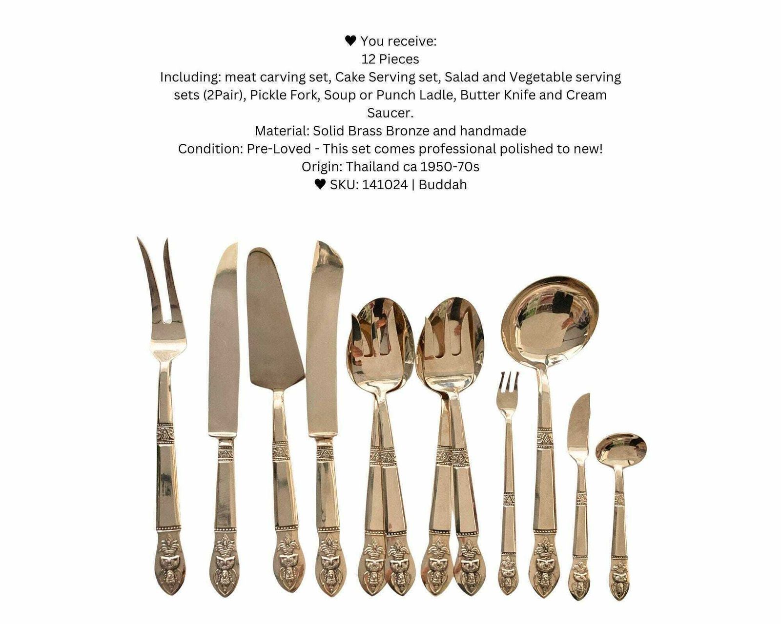 Brass Serving Utensils | 12pcs Flatware Set | Vintage Buddha photo 265.0