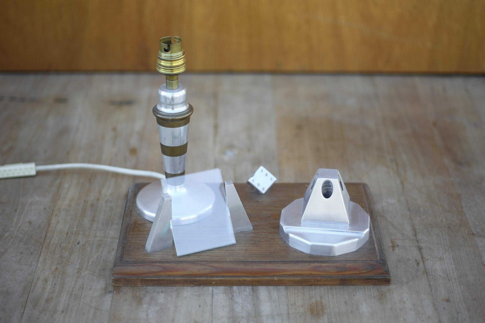 Desk Lamp With Photo Holder And Pen Holder, Aluminum And Brass Lamp, Vintage Lamp photo for sale