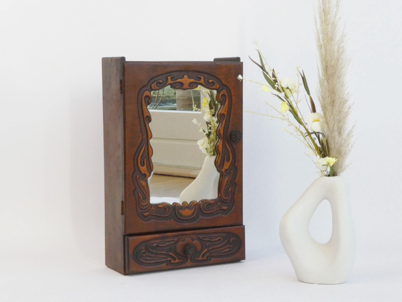 Ornate Wooden Art Nouveau Cabinet With Mirror, Carved Medicine Cabinet, Apothecary Farmhouse With Drawer