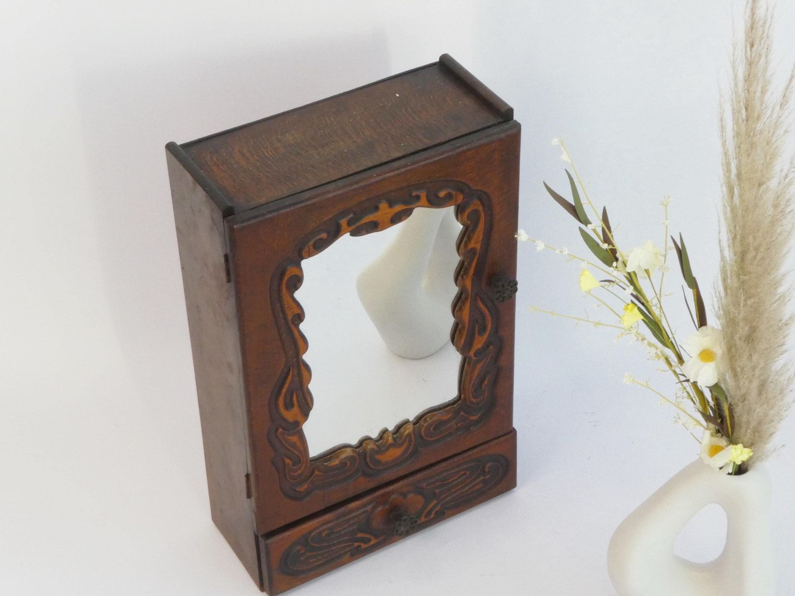 Ornate Wooden Art Nouveau Cabinet With Mirror, Carved Medicine Cabinet, Apothecary Farmhouse With Drawer photo for sale