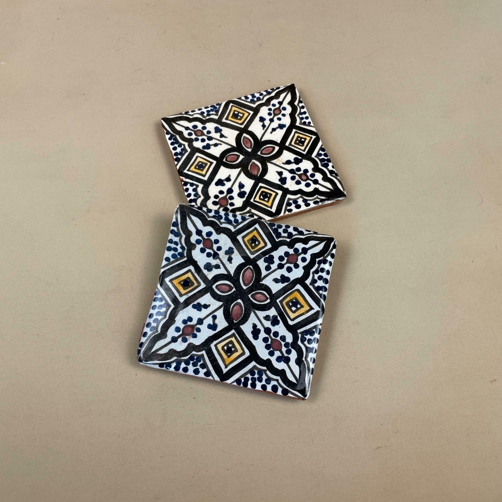 Two Moroccan Vintage Tile Ceramic Square Old Patterned 9.7x9.7cm Placemat Patterned Decorative Black Coaster Plant Stand photo furniture
