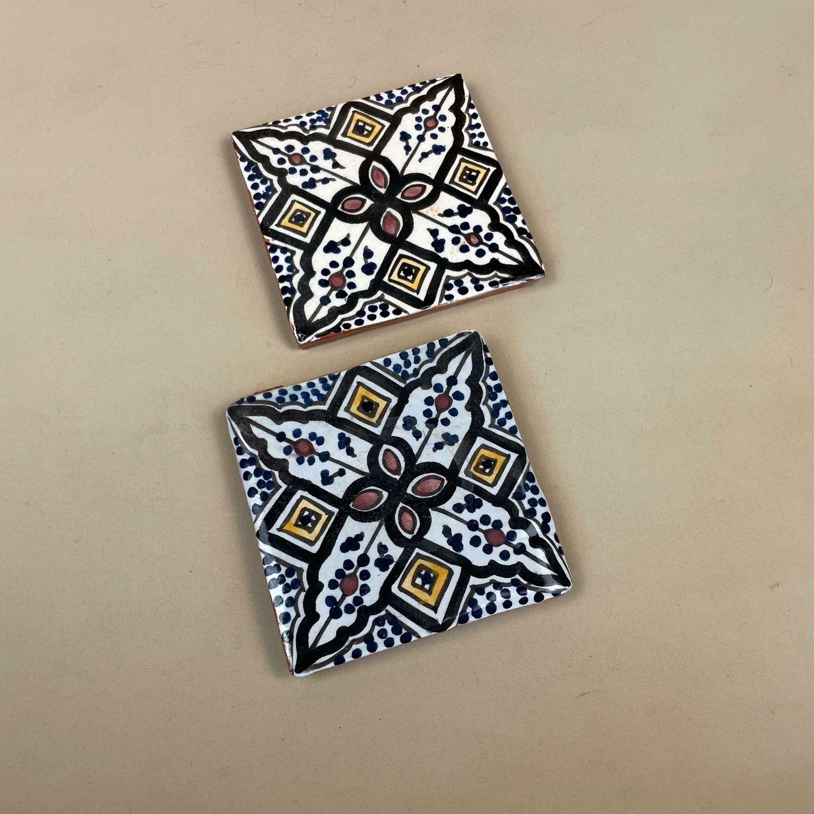 Two Moroccan Vintage Tile Ceramic Square Old Patterned 9.7x9.7cm Placemat Patterned Decorative Black Coaster Plant Stand photo for sale