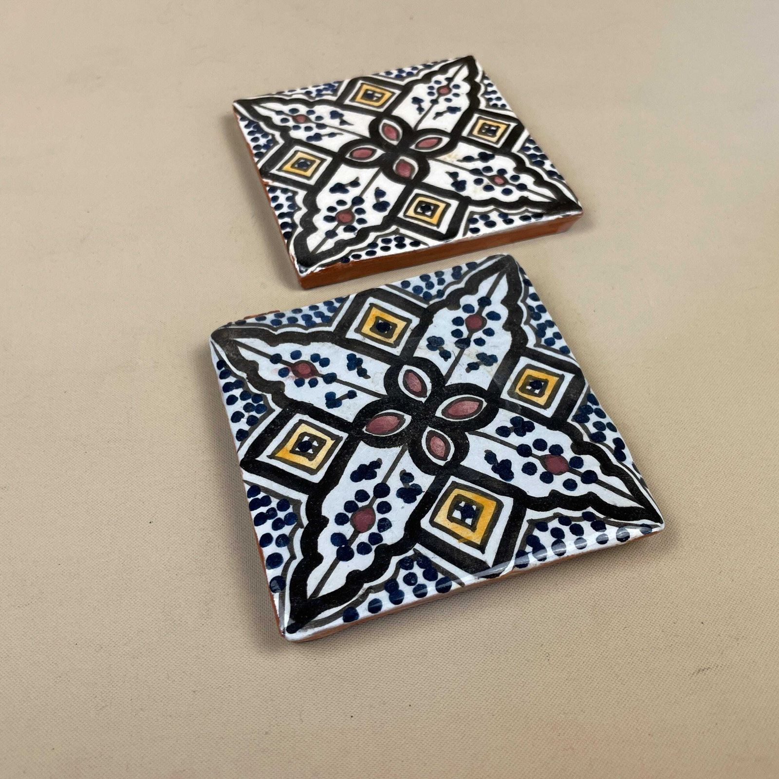 Two Moroccan Vintage Tile Ceramic Square Old Patterned 9.7x9.7cm Placemat Patterned Decorative Black Coaster Plant Stand photo vinterior