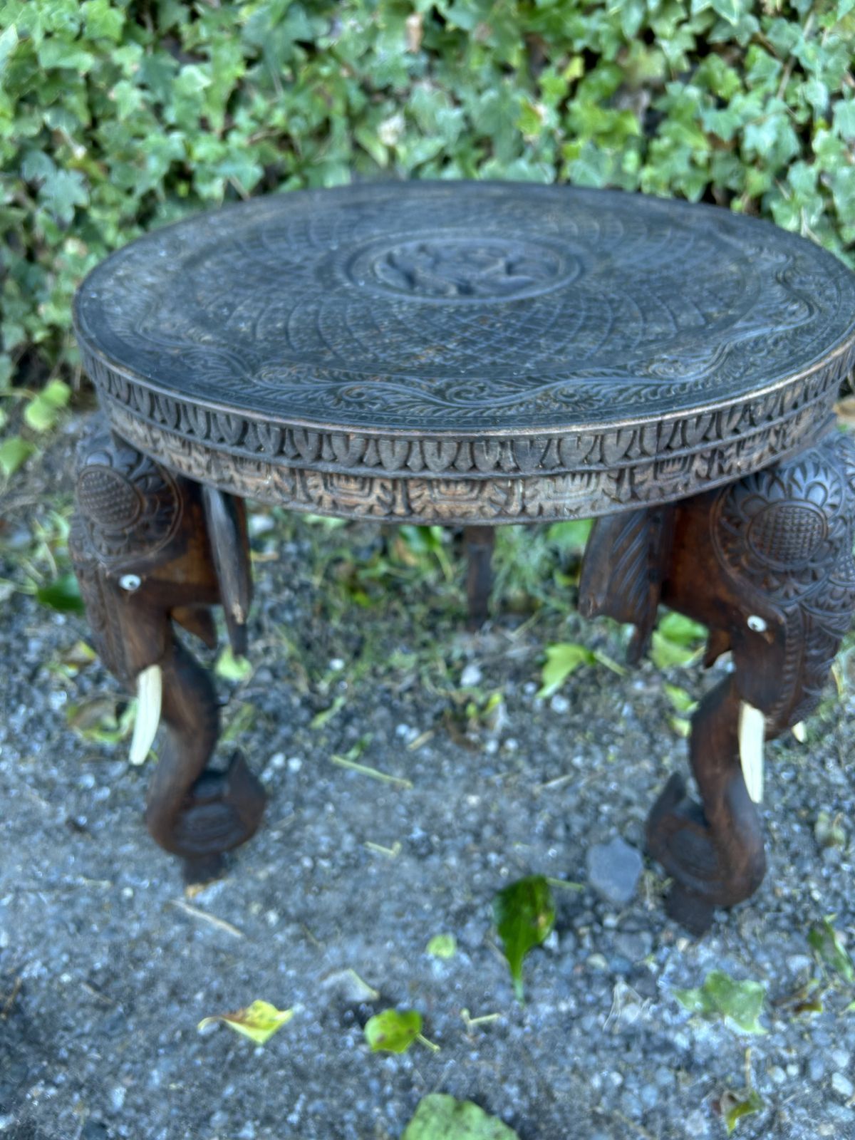 3 Leg Anglo Indian, Hand Carved Elephant Head  And Indian God Design Side Table.