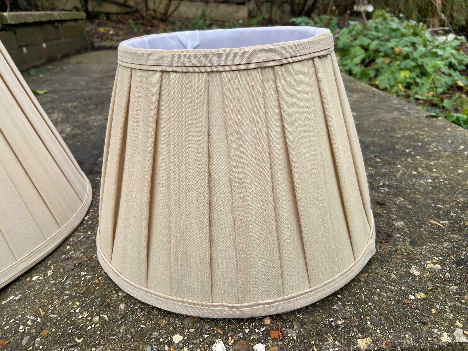 Two Matching Vintage Pleated Gold Sand Coloured Empire Shape   Perfect For Table Lamps 14 Inch And 10.5 Inch photo for sale